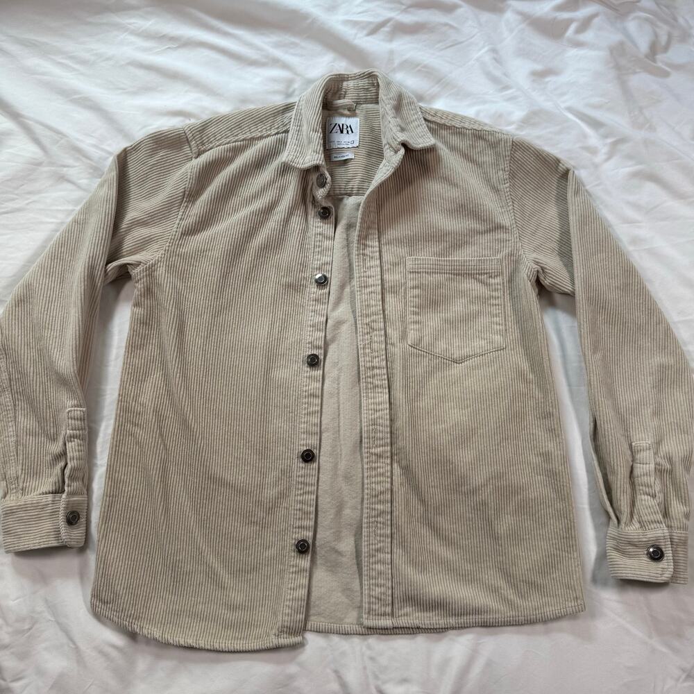 Zara Mens Beige Corduroy Long Sleeve Button Up Shirt Patch Pocket Size Small